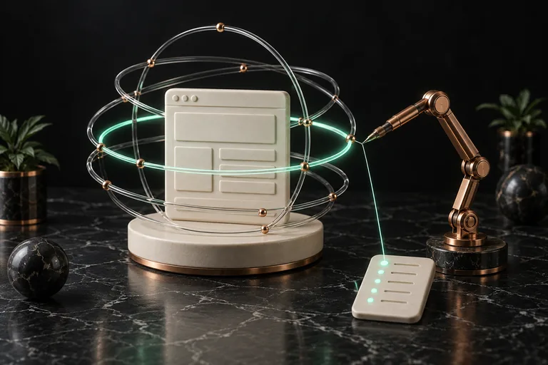 Concept illustration of an ivory ceramic browser-window model inside clear glass rings, one glowing mint, while a copper robotic arm reads a ring and sends a mint light line to a small ivory checklist tablet.