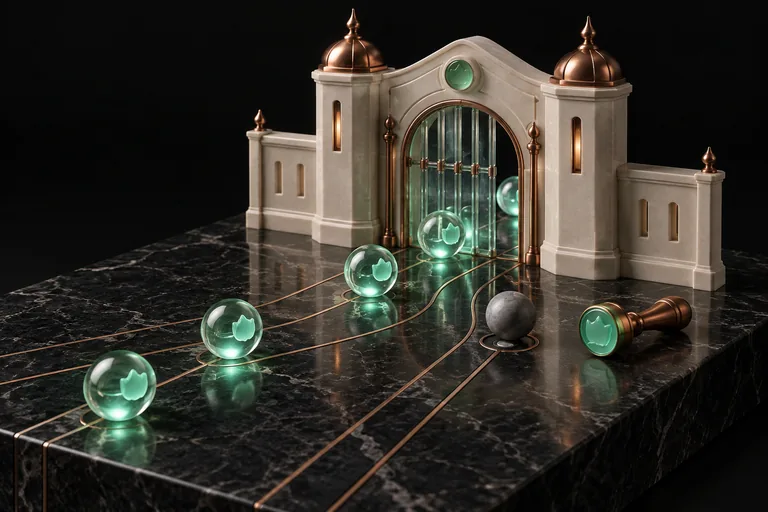 Concept illustration of an ivory ceramic gatehouse with a glass portcullis: glass spheres carrying a mint seal pass through and glow, while one grey sphere without a seal stops outside next to a copper stamp.