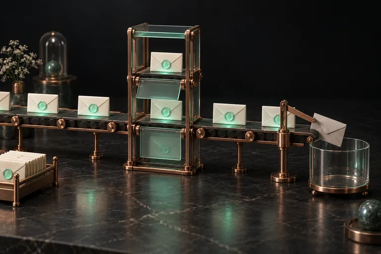 Concept illustration of ivory envelopes with mint seals riding a copper conveyor through a three-tier glass gate, while a copper arm diverts one unsealed grey envelope into a clear glass holding vessel.