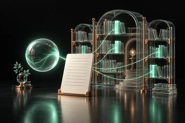 Concept illustration of a glowing glass sphere reading a blank ivory guide plaque at the entrance of a glass library, with mint threads leading to selected books.