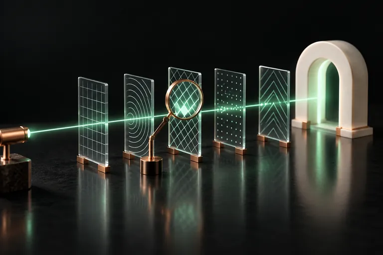 Concept illustration of a mint light beam passing through five patterned glass panes toward an ivory archway, while a copper lens inspects one of the panes.