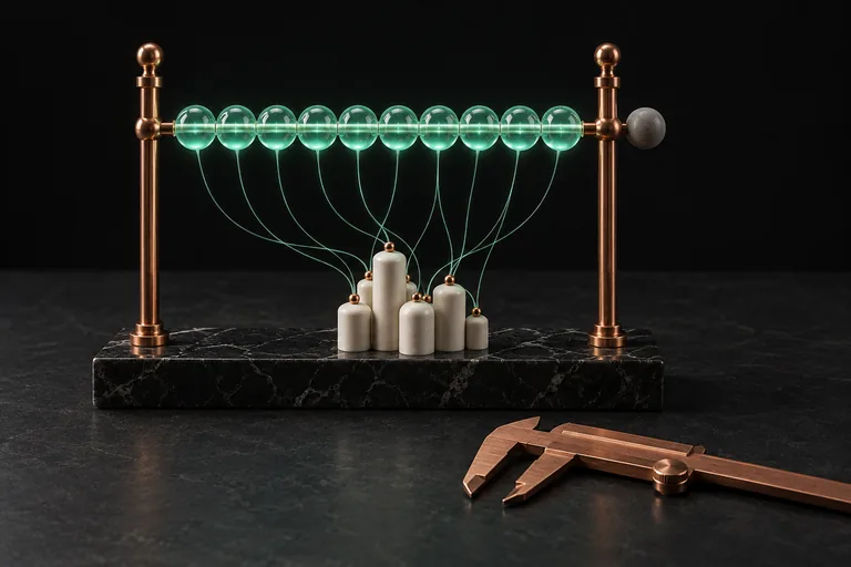 Concept illustration of a copper frame holding a row of mint-lit glass beads wired by fine threads to small ivory ceramic towers, with one extra grey bead that no longer fits on the rod and a copper caliper nearby.